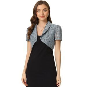 Floral Lace Shrug Work Crop Cardigan Wedding Guest Elegant Bolero Grey Blue